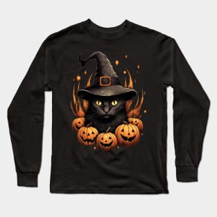 Black halloween cat with pumpkins Long Sleeve T-Shirt